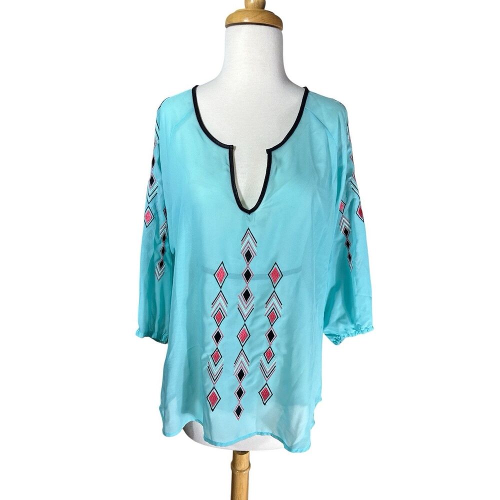 Cruel Womens Sz L Turquoise Aqua Blue Sheer Aztec Western Embroidery Top